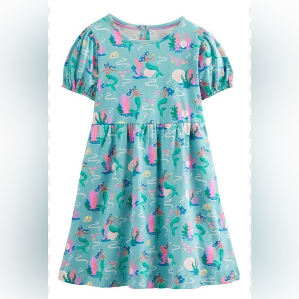 Mini Boden Aqua Mermaid Print Dress with Puff Sleeves, Size 4-5Y